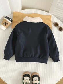 SHEIN 兒童小男孩休閒抓絨外套，舒適、極簡風格、百搭、柔軟面料，適合日常穿著、上學、外出和運動，秋冬季 - 寶藍色 - 查看 2