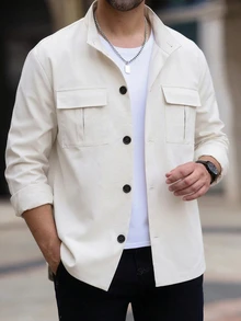 Manfinity Homme Men's Vintage Double Large Patch Pocket Single-Breasted Casual Commuter Jacket, All-Season Versatile Classic Minimalist Ins Style Outerwear - White - View 1