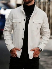 Manfinity Homme Men's Vintage Double Large Patch Pocket Single-Breasted Casual Commuter Jacket, All-Season Versatile Classic Minimalist Ins Style Outerwear - White - View 7