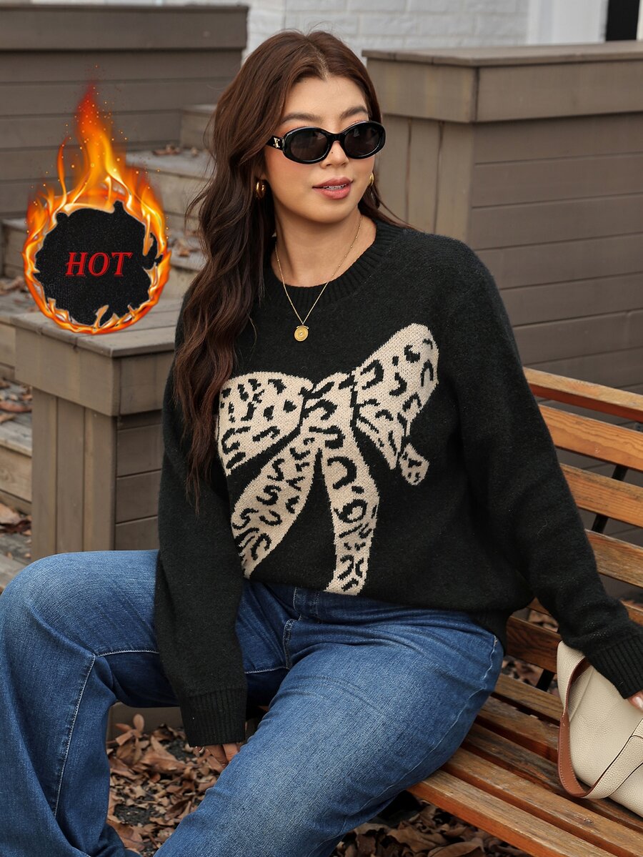 Comfylo Sweater Lengan Panjang Wanita Ukuran Besar Motif Pita Kasual Serbaguna untuk Pemakaian Sehari-hari Musim Dingin