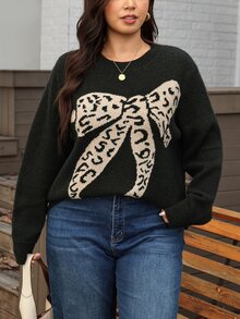Comfylo Sweater Lengan Panjang Wanita Ukuran Besar Motif Pita Kasual Serbaguna untuk Pemakaian Sehari-hari Musim Dingin - Hitam - View 7