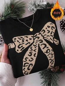 Comfylo Sweater Lengan Panjang Wanita Ukuran Besar Motif Pita Kasual Serbaguna untuk Pemakaian Sehari-hari Musim Dingin - Hitam - View 8