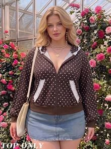 SHEIN MOD Sweatshirt Motif Polkadot Patchwork Renda Vintage Ukuran Plus, Cokelat - Coklat - View 7
