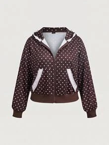 SHEIN MOD Sweatshirt Motif Polkadot Patchwork Renda Vintage Ukuran Plus, Cokelat - Coklat - View 3