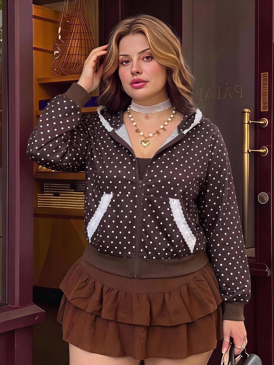 SHEIN MOD Sweatshirt Motif Polkadot Patchwork Renda Vintage Ukuran Plus, Cokelat - Coklat - View 1