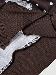 SHEIN MOD Sweatshirt Motif Polkadot Patchwork Renda Vintage Ukuran Plus, Cokelat - Coklat - View 6