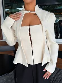 SAYEHFBABY 2026 Women's Fashionable Beige Buttoned Blazer Minimalism Elegant Suit Formal Work Formal Outfits,Summer Minimalism Streetwear For Day Party - White - View 6