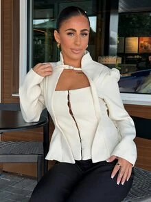 SAYEHFBABY 2026 Women's Fashionable Beige Buttoned Blazer Minimalism Elegant Suit Formal Work Formal Outfits,Summer Minimalism Streetwear For Day Party - White - View 1