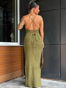 SAYEHFBABY 女士优雅简约性感交叉露背开衩紧身中长款针织吊带裙 - 軍綠色 - 查看 3