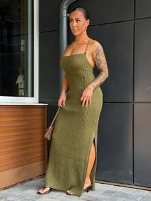 SAYEHFBABY 女士优雅简约性感交叉露背开衩紧身中长款针织吊带裙 - 軍綠色 - 查看 5