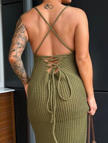 SAYEHFBABY 女士优雅简约性感交叉露背开衩紧身中长款针织吊带裙 - 軍綠色 - 查看 7