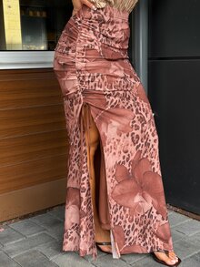 SAYEHFBABY Women's Elegant Leopard Print Mesh Elastic Waist High Slit A-Line Skirt Fall Cloth For Women - Coffee Brown - View 7