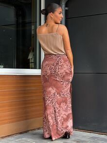 SAYEHFBABY Women's Elegant Leopard Print Mesh Elastic Waist High Slit A-Line Skirt Fall Cloth For Women - Coffee Brown - View 3