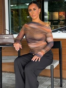 SAYEHFBABY 女士不对称领口扎染印花长袖修身时尚 T 恤 - 彩色 - 查看 4