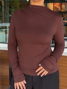 SAYEHFBABY 2026春夏新款咖啡色不對稱抓皺領基本款長袖女式襯衫，極簡都市商務休閒風，適合辦公室、外出、派對與聚會 - 咖啡棕 - 查看 7