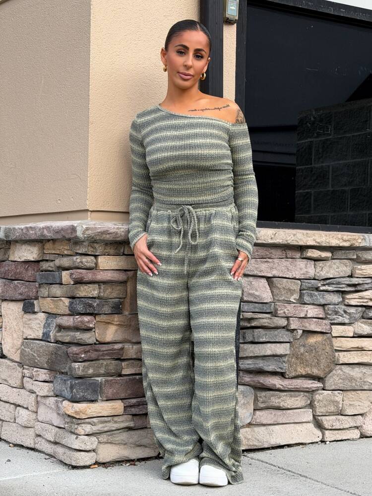 SAYEHFBABY 女款日常穿著必備針織彈性舒適不對稱領長袖上衣與寬腿運動長褲兩件套 - 彩色 - 查看 3