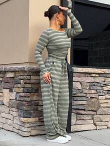 SAYEHFBABY 女款日常穿著必備針織彈性舒適不對稱領長袖上衣與寬腿運動長褲兩件套 - 彩色 - 查看 4