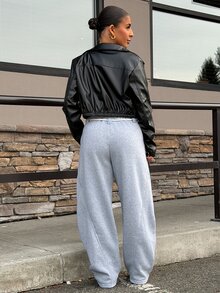 SAYEHFBABY 女款淺灰色冬季運動休閒健身運動長褲，秋季街頭風返校學院風休閒彈性腰帶弧形下擺寬腿舒適長褲，適合嬌小女性 - 灰色 - 查看 2