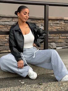SAYEHFBABY 女款淺灰色冬季運動休閒健身運動長褲，秋季街頭風返校學院風休閒彈性腰帶弧形下擺寬腿舒適長褲，適合嬌小女性 - 灰色 - 查看 6