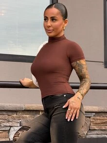SAYEHFBABY 女士夏季常规肩部短袖休闲高领修身吊带背心 - 咖啡棕 - 查看 4