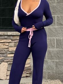 SAYEHFBABY 女士性感休闲深V领修身短款长袖T恤和裤子套装（2件套），春秋季 - 藏蓝色 - 查看 6