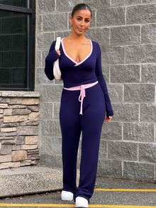 SAYEHFBABY 女士性感休闲深V领修身短款长袖T恤和裤子套装（2件套），春秋季 - 藏蓝色 - 查看 3