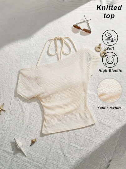 SHEIN MOD Kaos Wanita Warna Polos dengan Bahu Asimetris dan Detail Kerutan di Bagian Leher Model Halter
