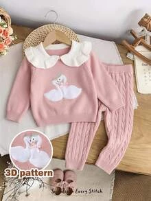 Cozy Pixies 2pcs Baby Girl Baby Girl Casual Daily Comfortable Autumn Winter Sweater Set - Pink - View 9