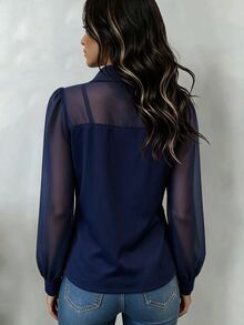 SHEIN Atasan Wanita Model Denim Patchwork Lengan Kelopak Jala Transparan Vintage Prancis, Jaket Pendek Slim Fit dengan Resleting Depan dan Kerah, - Navy Blue - View 2