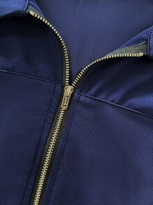 SHEIN Atasan Wanita Model Denim Patchwork Lengan Kelopak Jala Transparan Vintage Prancis, Jaket Pendek Slim Fit dengan Resleting Depan dan Kerah, - Navy Blue - View 5
