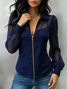 SHEIN Atasan Wanita Model Denim Patchwork Lengan Kelopak Jala Transparan Vintage Prancis, Jaket Pendek Slim Fit dengan Resleting Depan dan Kerah, - Navy Blue - View 4
