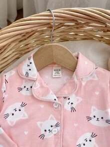 SHEIN 女嬰休閒可愛針織卡通圖案家居服套裝 - 粉色 - 查看 4