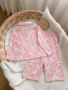 SHEIN 女嬰休閒可愛針織卡通圖案家居服套裝 - 粉色 - 查看 5