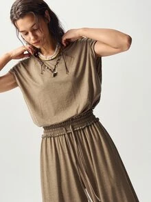 Bohemela Jumpsuit Kasual Wanita Warna Polos dengan Desain Potongan Belakang dan Kaki Lebar - Khaki - View 5