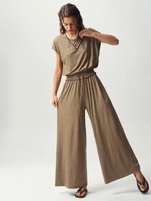 Bohemela Jumpsuit Kasual Wanita Warna Polos dengan Desain Potongan Belakang dan Kaki Lebar - Khaki - View 6