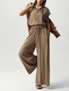 Bohemela Jumpsuit Kasual Wanita Warna Polos dengan Desain Potongan Belakang dan Kaki Lebar - Khaki - View 4