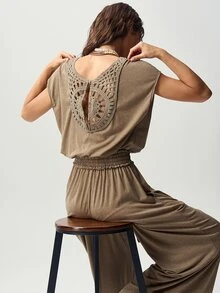Bohemela Jumpsuit Kasual Wanita Warna Polos dengan Desain Potongan Belakang dan Kaki Lebar - Khaki - View 1
