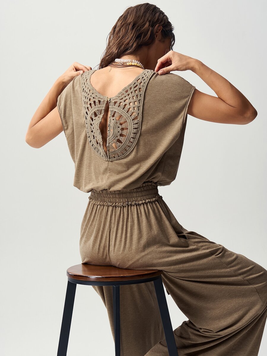 Bohemela Jumpsuit Kasual Wanita Warna Polos dengan Desain Potongan Belakang dan Kaki Lebar - Khaki - View 1