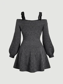 SHEIN MOD Plus size damklänning i stickat material med spetsband, off-shoulder, miniklänning, elegant, mörkgrå - Mörkgrå - Visa 2