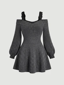 SHEIN MOD Plus size damklänning i stickat material med spetsband, off-shoulder, miniklänning, elegant, mörkgrå - Mörkgrå - Visa 3