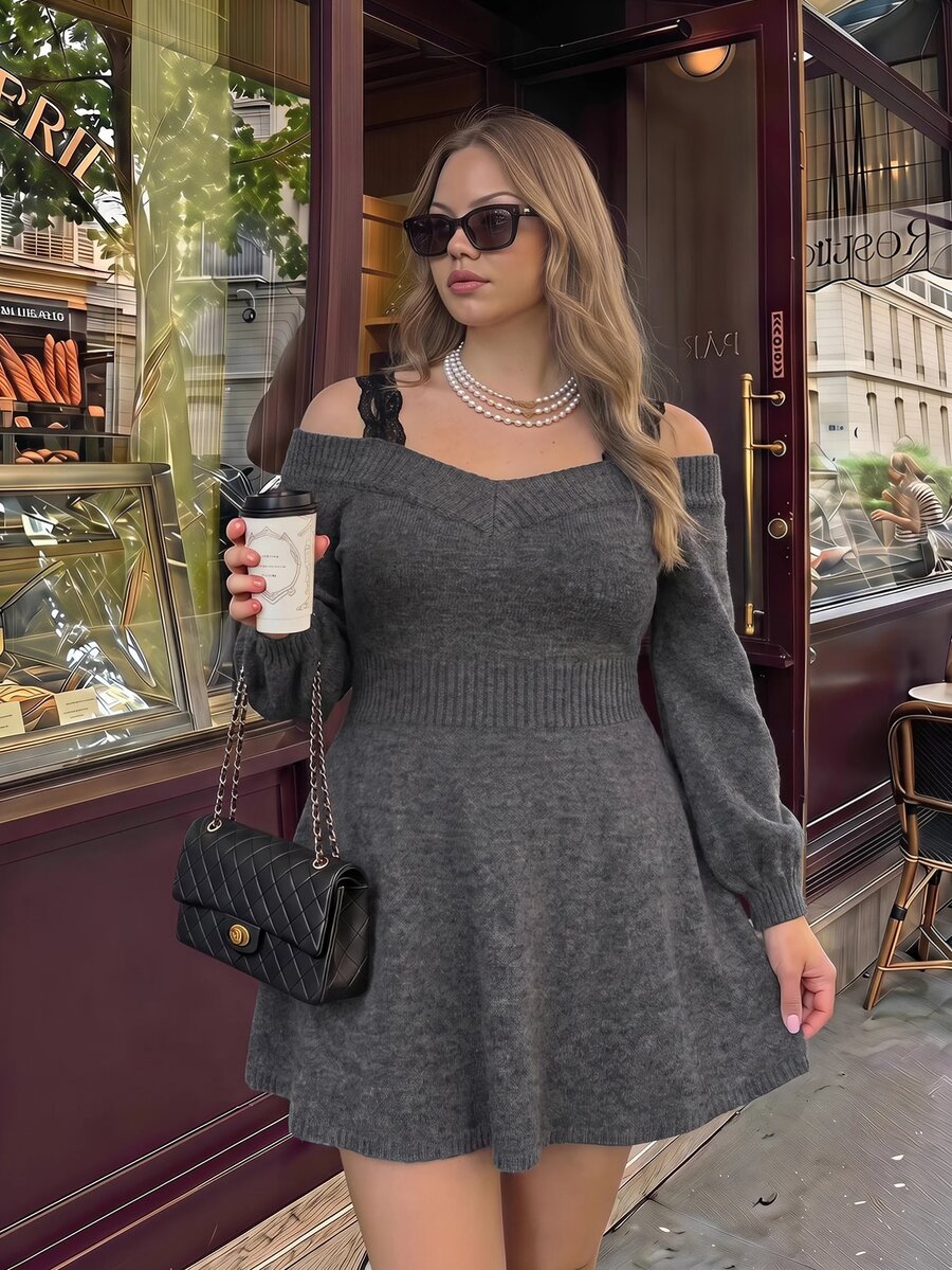 SHEIN MOD Gaun Mini Rajut Tanpa Bahu dengan Tali Renda untuk Wanita Ukuran Plus, Elegan, Abu-abu Gelap - Dark Grey - View 1