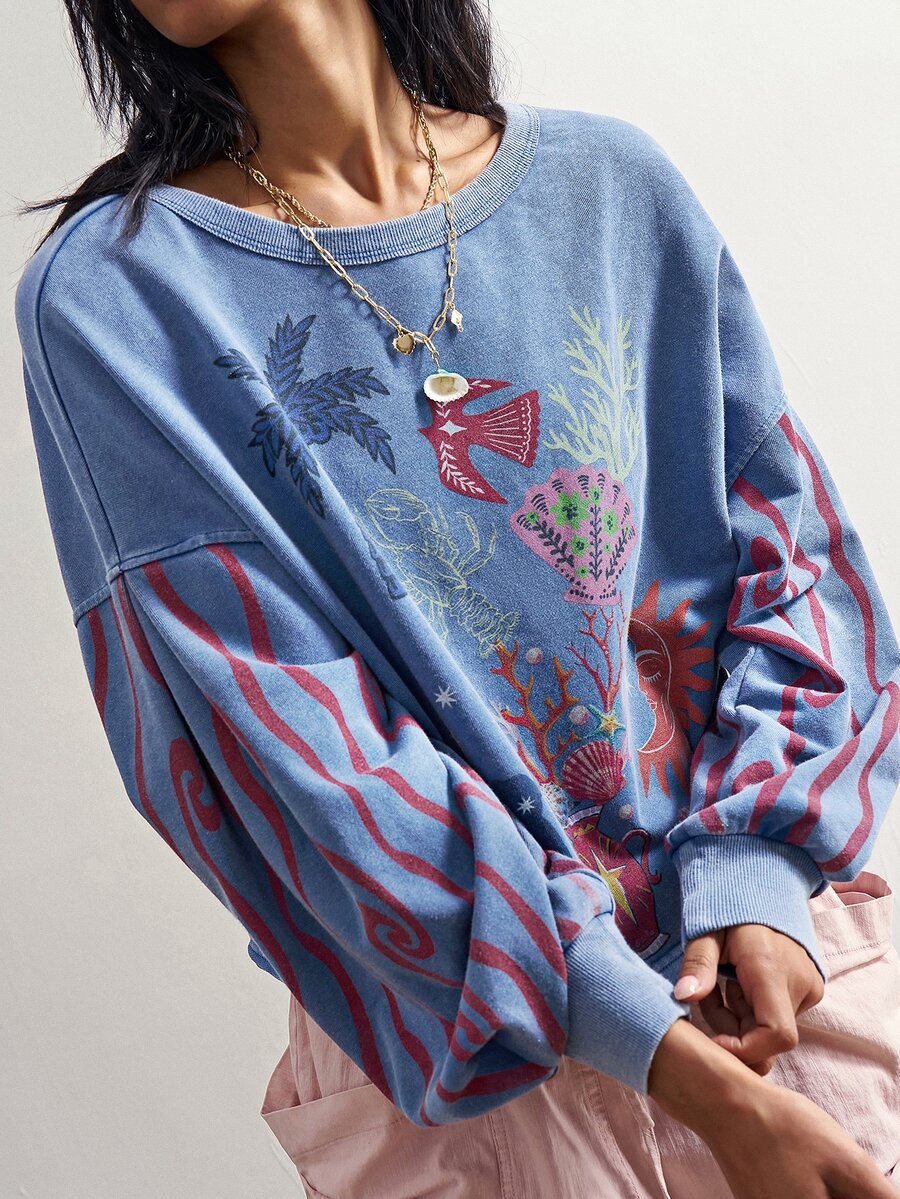 Bohemela Tropical Animal Print Drop Shoulder Lantern Sleeve Pullover Sweatshirt - Blue - View 1