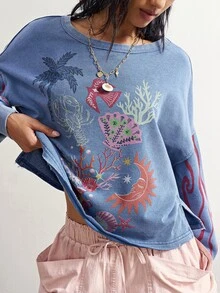 Bohemela 熱帶動物印花落肩燈籠袖套頭運動衫 - 藍色 - 查看 4