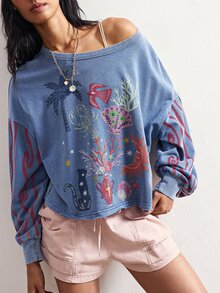 Bohemela 熱帶動物印花落肩燈籠袖套頭運動衫 - 藍色 - 查看 5