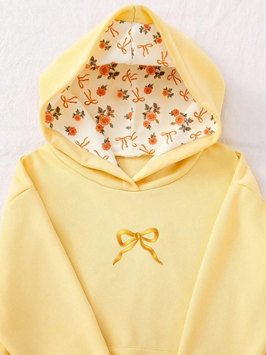 少女休閒清新簡約蝴蝶結花卉圖案連帽衛衣 秋冬款 - 彩色 - 查看 1