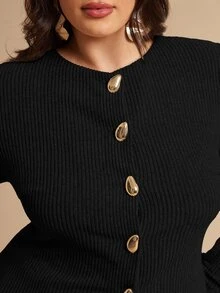SHEIN BAE 大尺碼女款純色金屬單排扣長袖休閒商務休閒優雅上衣 辦公室派對工作正式黑色秋季 - 黑色 - 查看 3