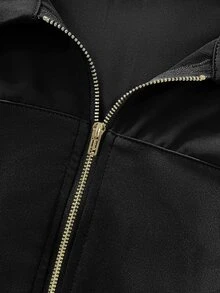 SHEIN Jaket Pendek Wanita Gaya Vintage Prancis Bahan Mesh Transparan dengan Lengan Kelopak Motif Patchwork Efek Denim, Kerah Lapel, Ritsleting Depan, Slim Fit Menawan - Hitam - View 5