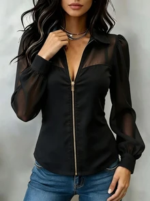 SHEIN Jaket Pendek Wanita Gaya Vintage Prancis Bahan Mesh Transparan dengan Lengan Kelopak Motif Patchwork Efek Denim, Kerah Lapel, Ritsleting Depan, Slim Fit Menawan - Hitam - View 3
