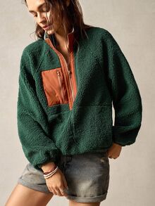 Bohemela Women's Autumn/Winter Casual Colorblock Patchwork Sweatshirt - Green - View 8
