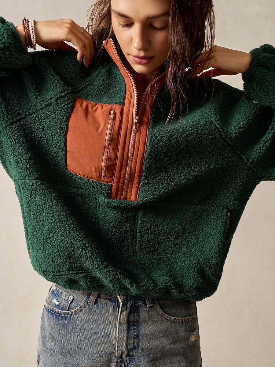 Bohemela Women's Autumn/Winter Casual Colorblock Patchwork Sweatshirt - Green - View 1